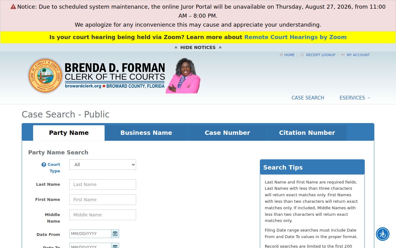 Broward Clerk case search used for Tamarac resident verification