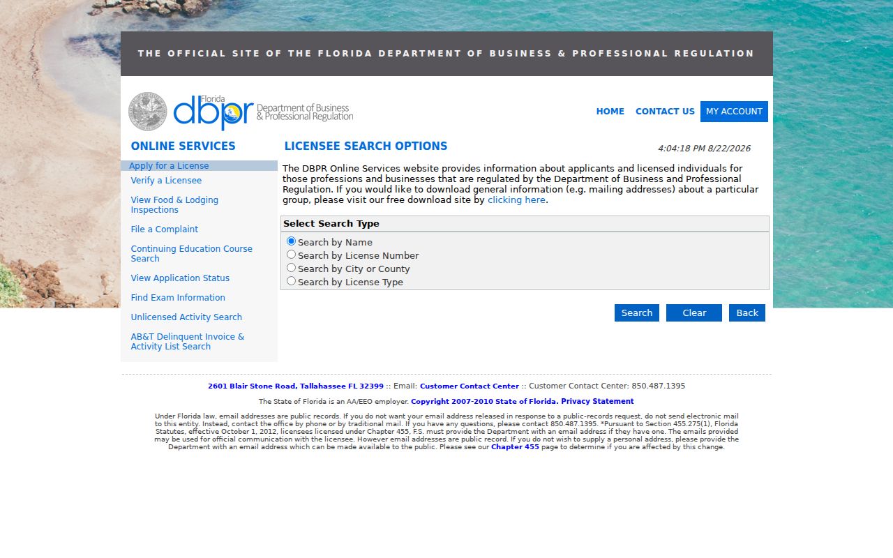 Florida DBPR license lookup for a Tamarac name search
