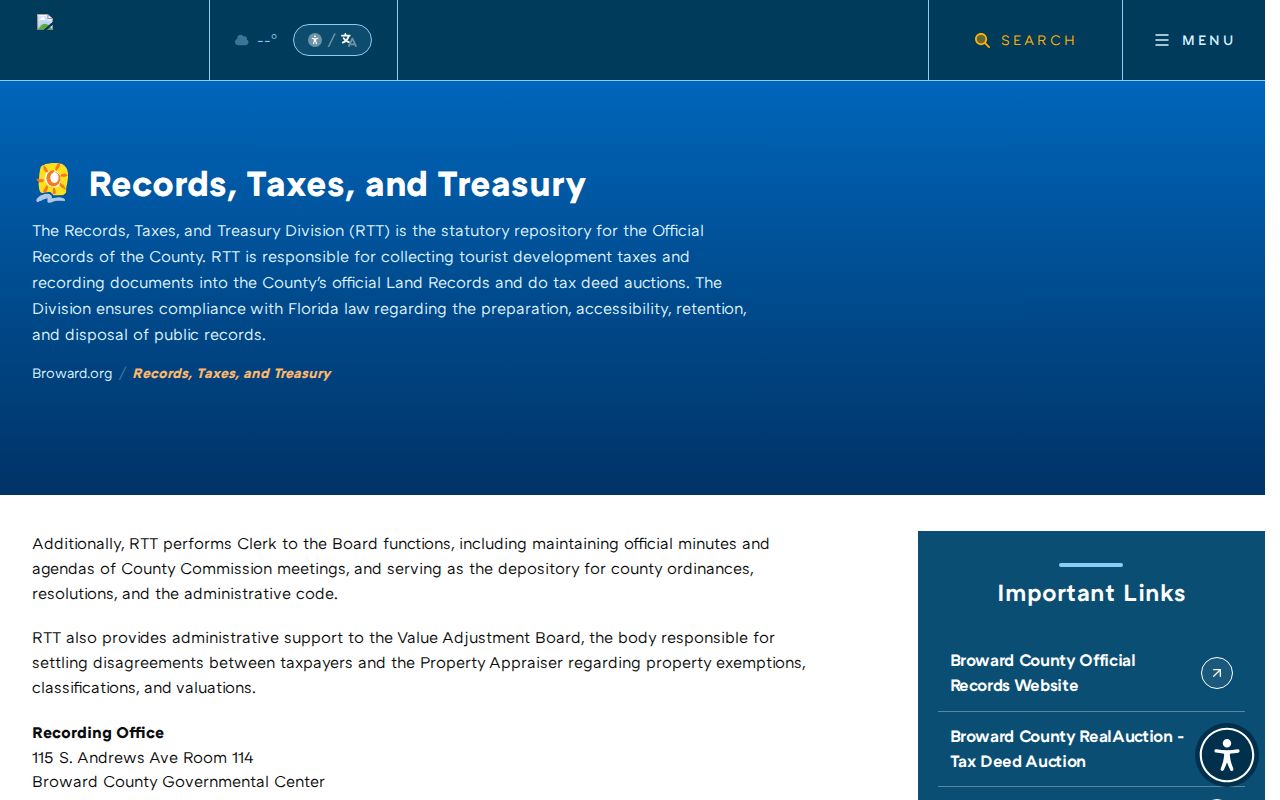 Broward Records Taxes and Treasury service page for a Tamarac address history