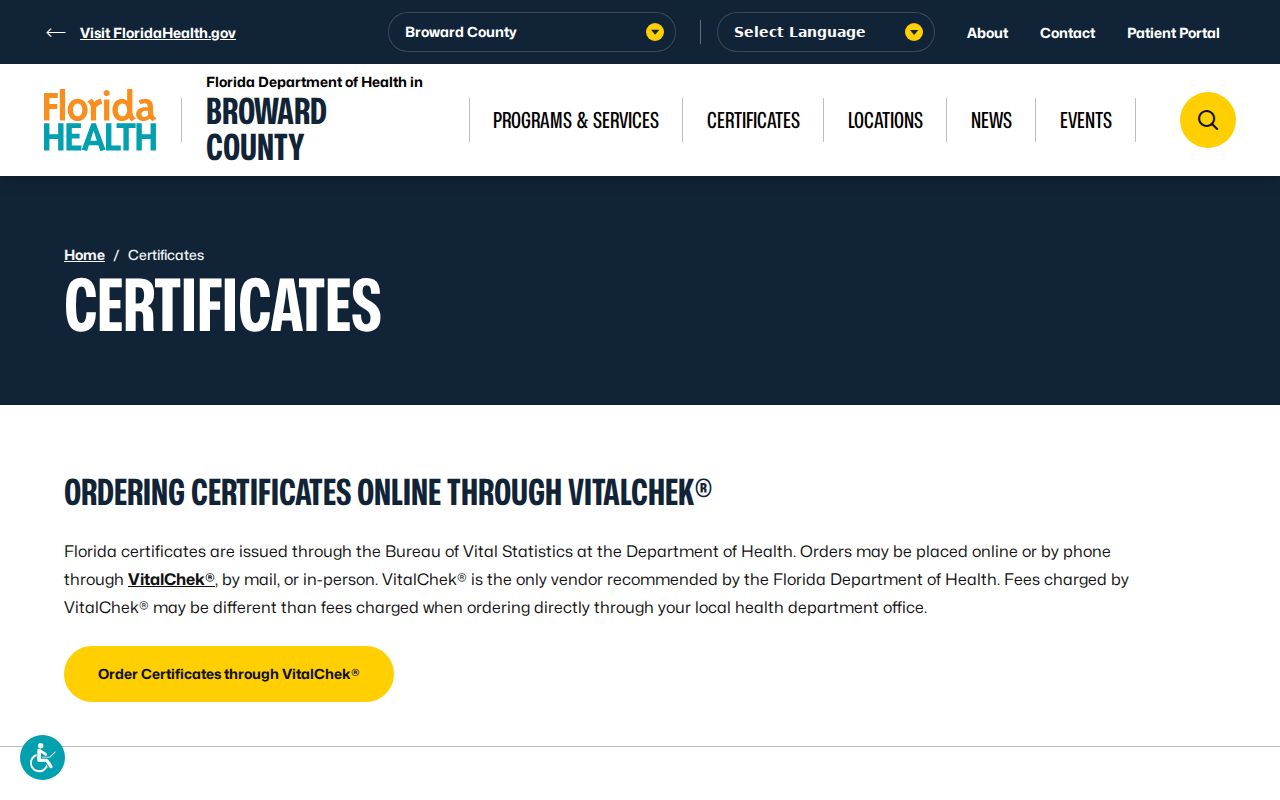 Broward County vital records access for a Tamarac resident lookup