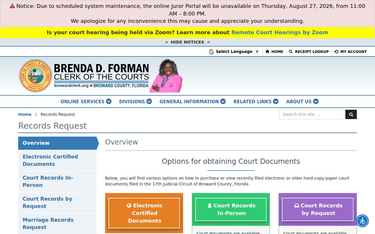 Broward Clerk request page for Tamarac resident lookup court files