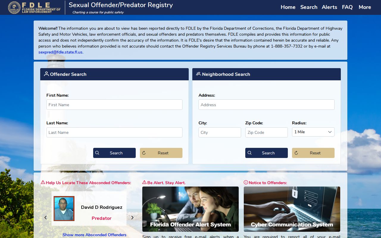FDLE registry screen for a lawful Tamarac resident lookup