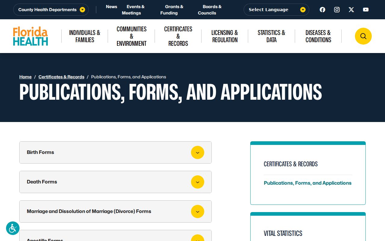 Florida vital record forms for a Tamarac resident lookup